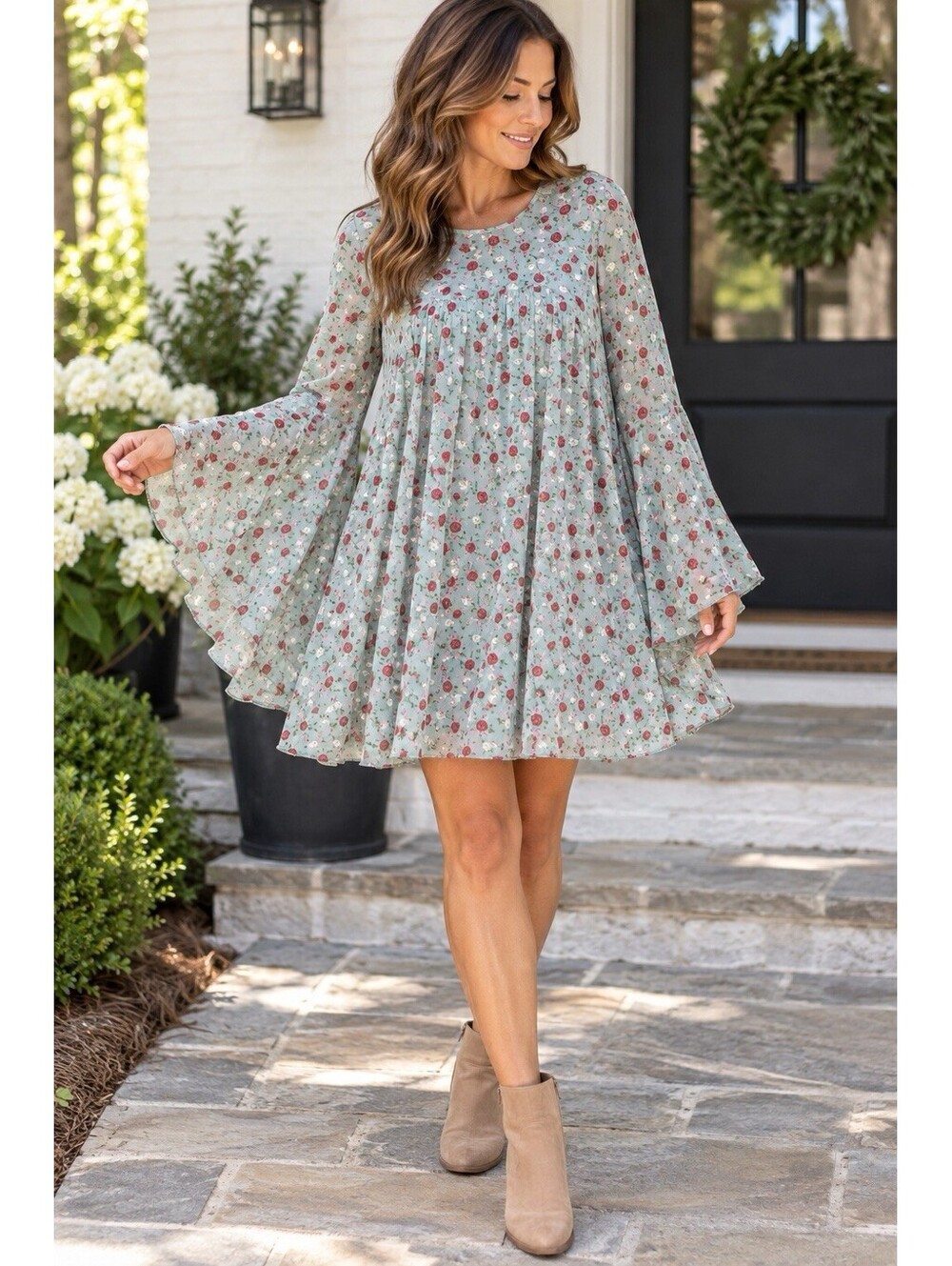 Boohoo Mint Floral Chiffon Smock Mini Dress US 12 Green Floral Bell Angel Sleeve